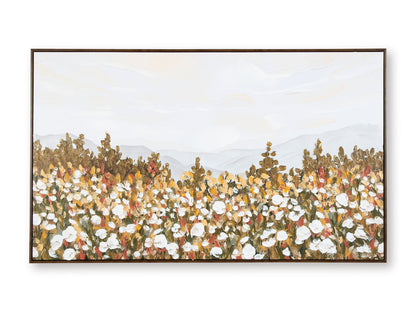 Framed wall art with dense gold-and-white blossoms over a soft mountain horizon