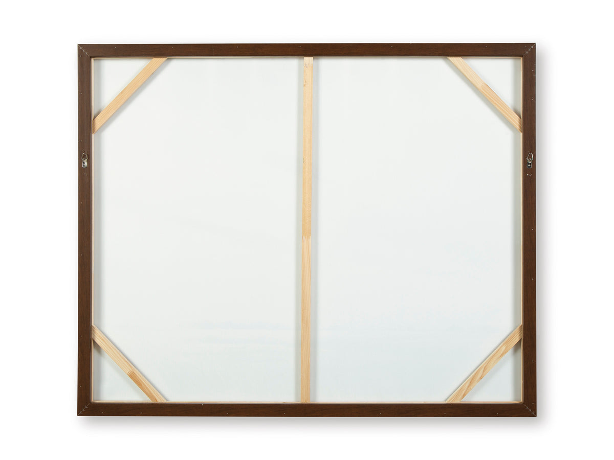 Back of framed wall art with wooden support beams and blank panel