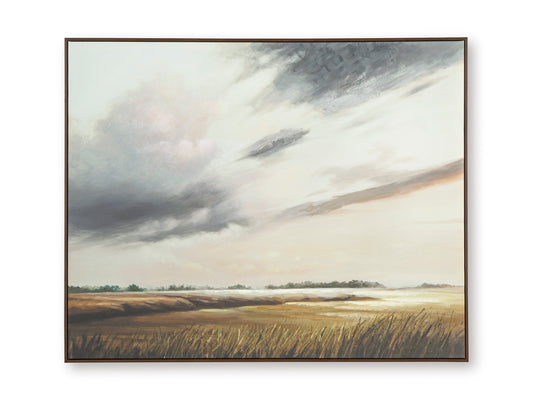 Framed landscape wall art print with cloudy sky over grassy fields