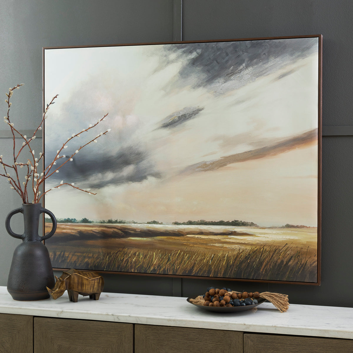 Framed landscape wall art print with stormy sky and golden field