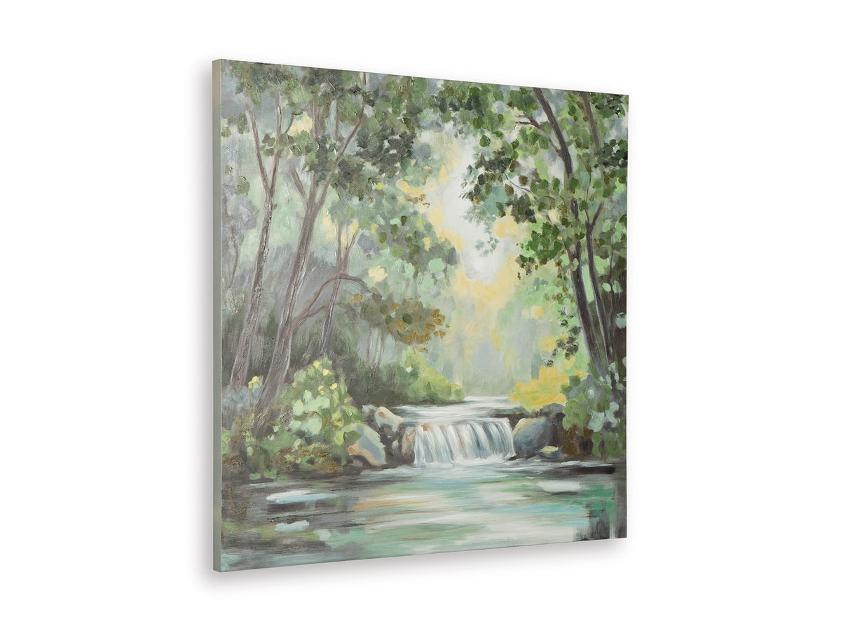 Wall art canvas showing a forest path with trees, soft light, and a small waterfall