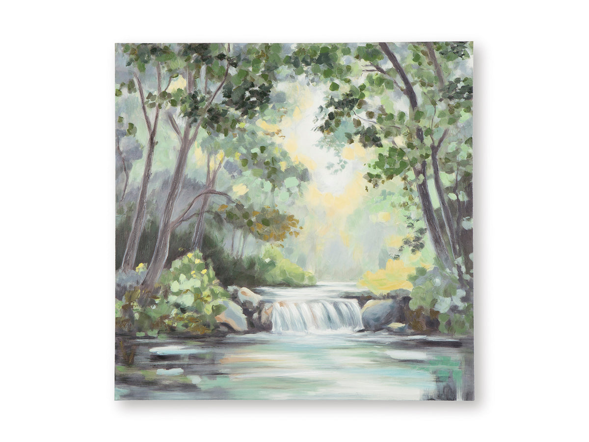 Framed garden wall art with painted trees and flowing stream with white falls
