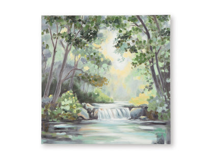 Framed garden wall art with painted trees and flowing stream with white falls