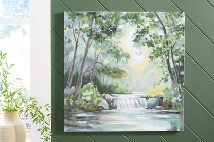 Framed landscape wall art with painted trees and a small waterfall stream