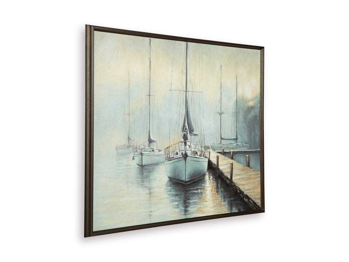 Framed sailboat wall art in light blue tones with boats moored at dock