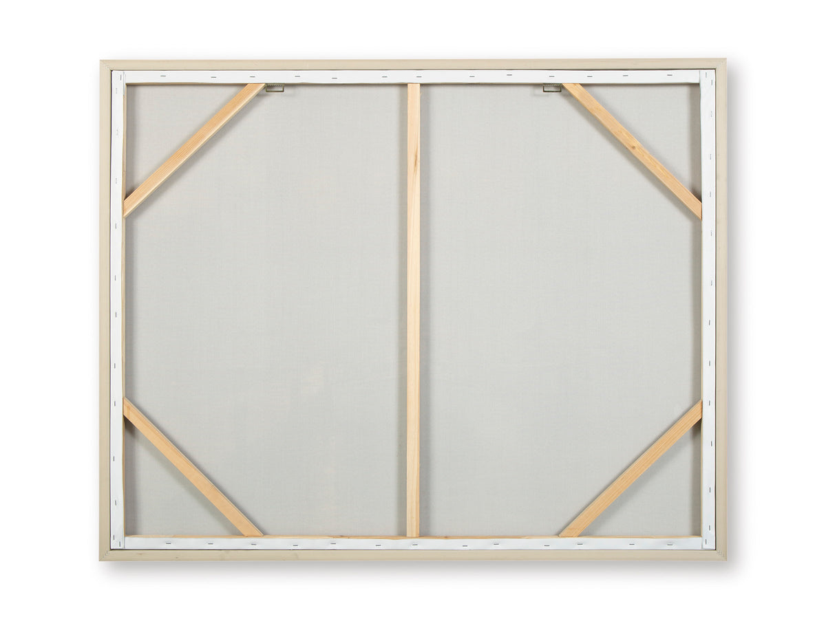 Wall art back view with white backing, wooden braces, and hanging hardware