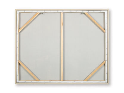 Wall art back view with white backing, wooden braces, and hanging hardware