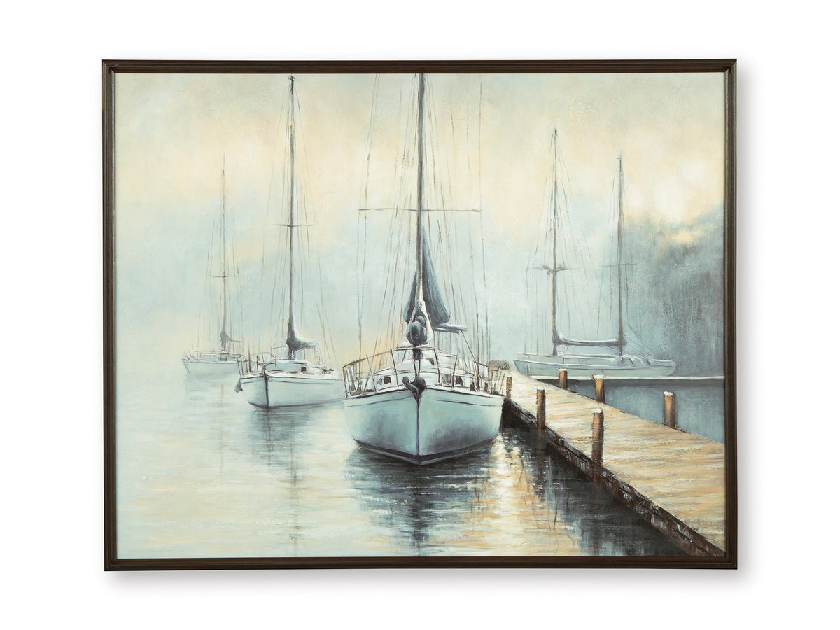 Framed sailboat wall art with misty blue water and dock planks