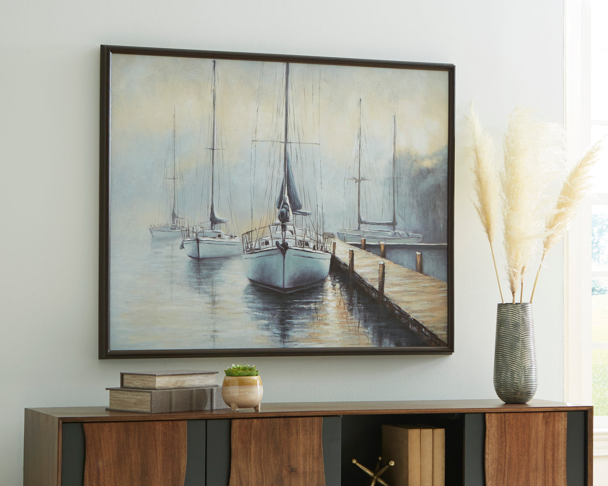 Framed wall art print of sailboats on calm water by a dock