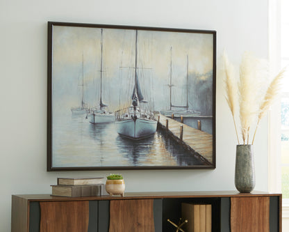 Framed wall art print of sailboats on calm water by a dock