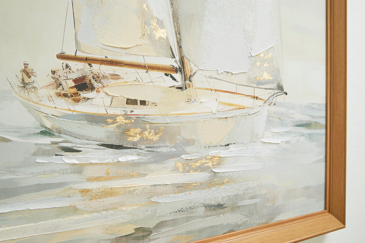 Close-up of sailboat wall art print with abstract strokes and warm wood frame