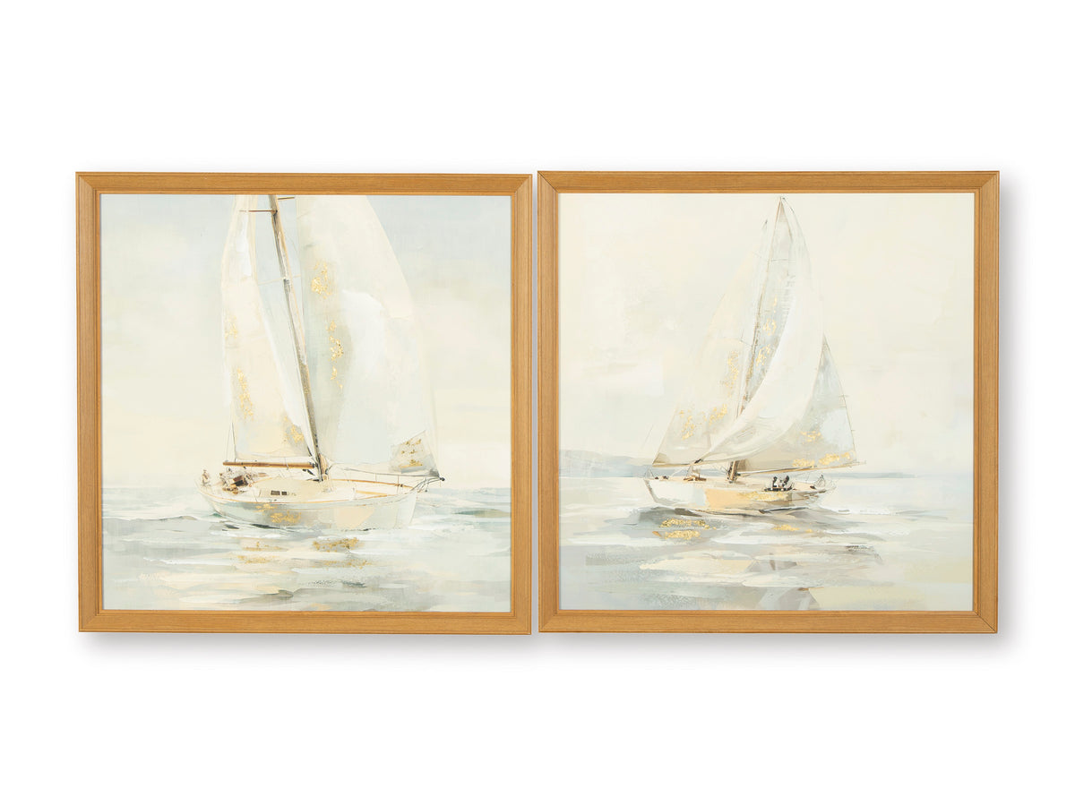 Pair of sailboat wall art prints with warm wood frames, abstract sea and sky
