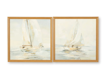 Pair of sailboat wall art prints with warm wood frames, abstract sea and sky