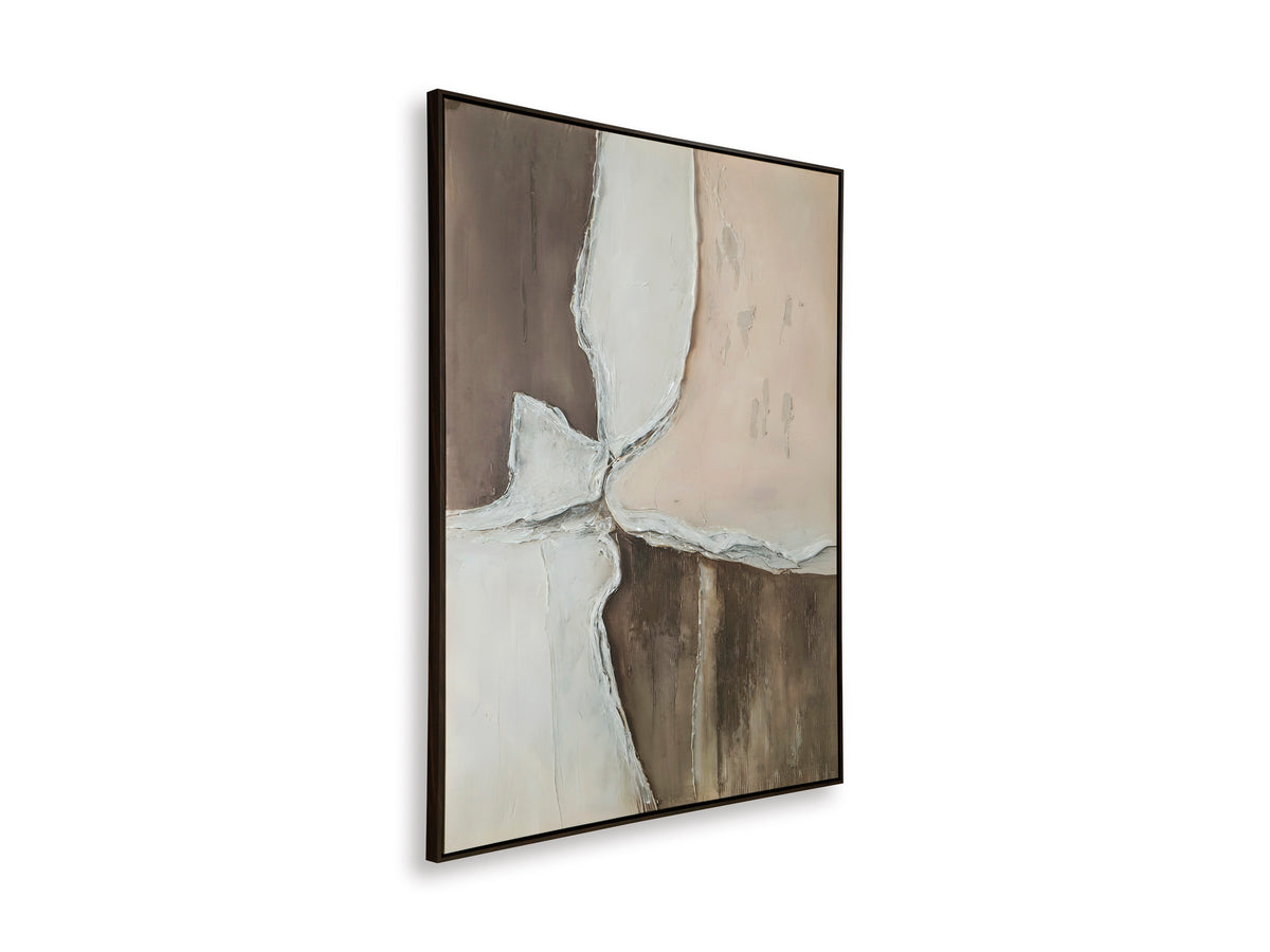 Framed abstract wall art with white and gray draped shapes on a dark taupe field