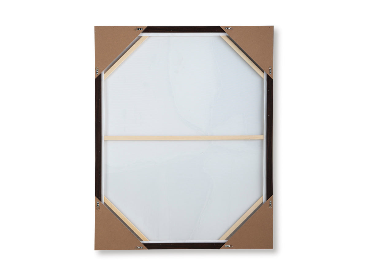 Back view of framed wall art with octagon backing and protective corner hardware