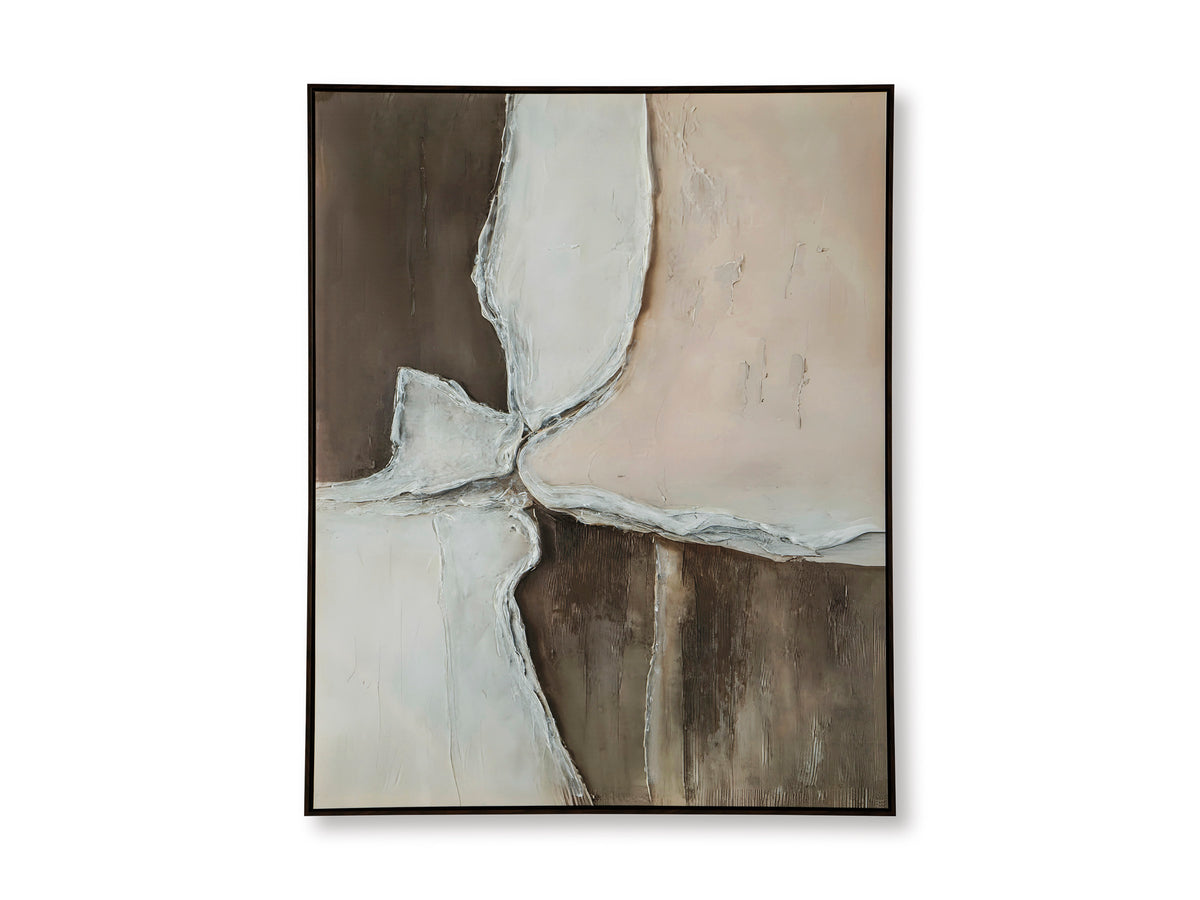 Framed abstract wall art featuring intersecting white and taupe forms with dark accents
