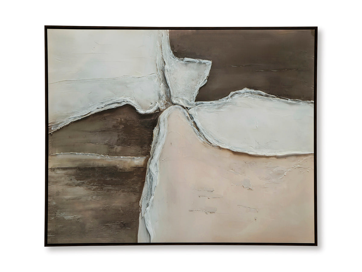 Framed abstract wall art with flowing white and light-beige textures over dark brown blocks