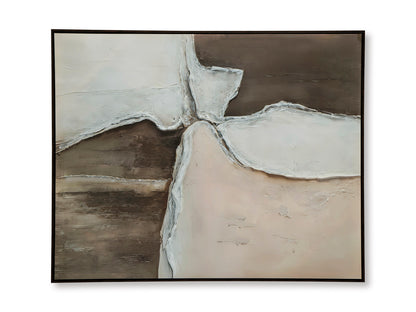 Framed abstract wall art with flowing white and light-beige textures over dark brown blocks