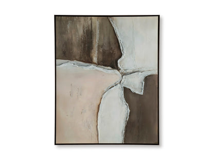 Framed abstract wall art with white draped cross shape over dark taupe background