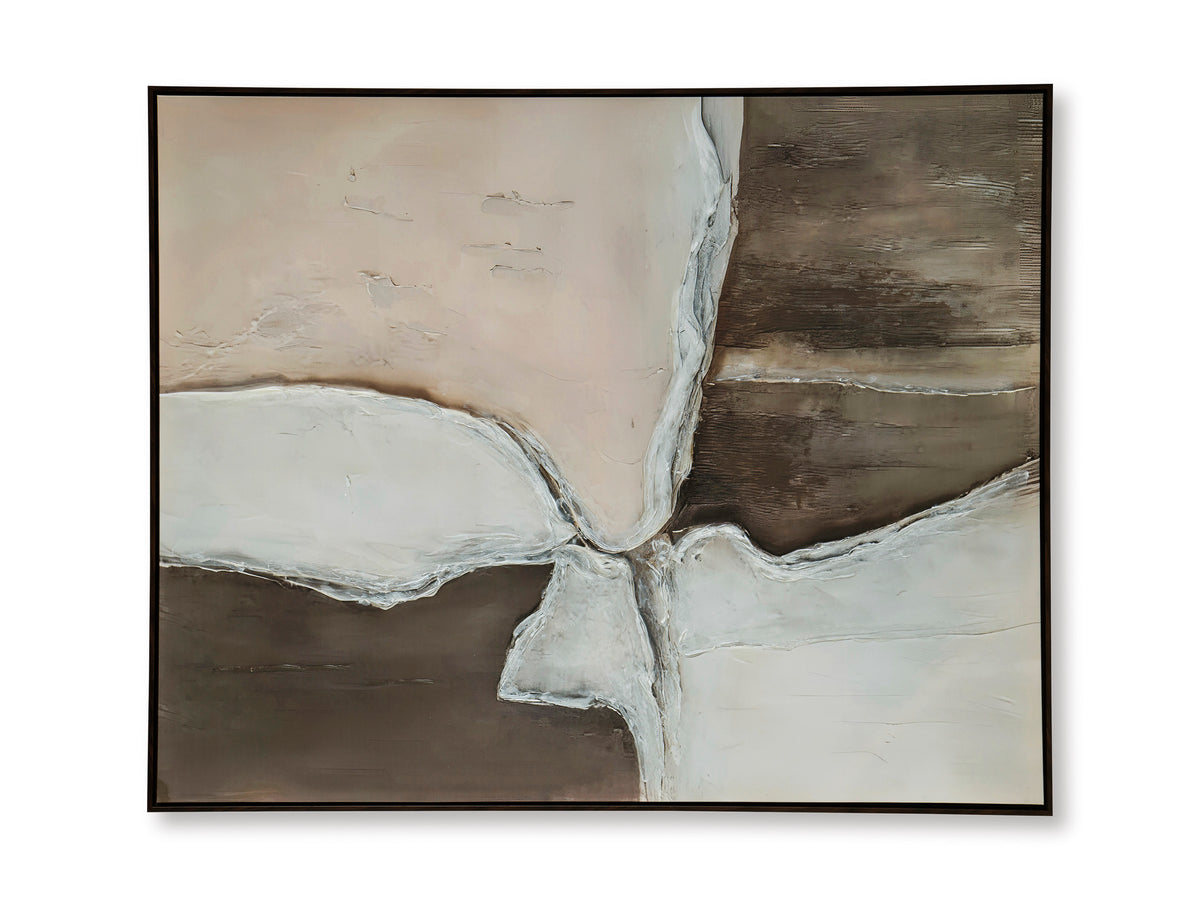 Framed abstract wall art with white cross form and dark brown horizontal panels