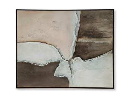 Framed abstract wall art with white cross form and dark brown horizontal panels