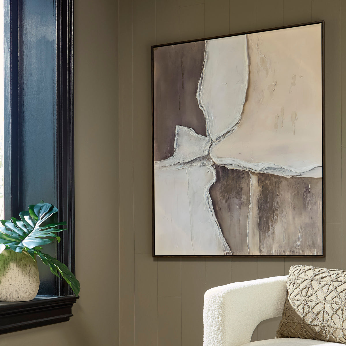 Framed abstract canvas wall art with white and brown textured lines over taupe tones