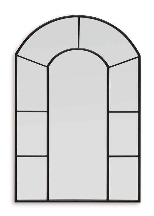 Black arched accent mirror with segmented frame panels and flat reflective center