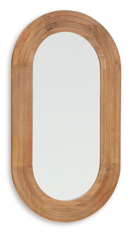 Oval wood wall mirror with smooth reflective center and layered curved trim, light brown