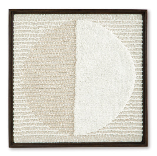 Framed wall decor with off-white textured circular arch on woven grid background