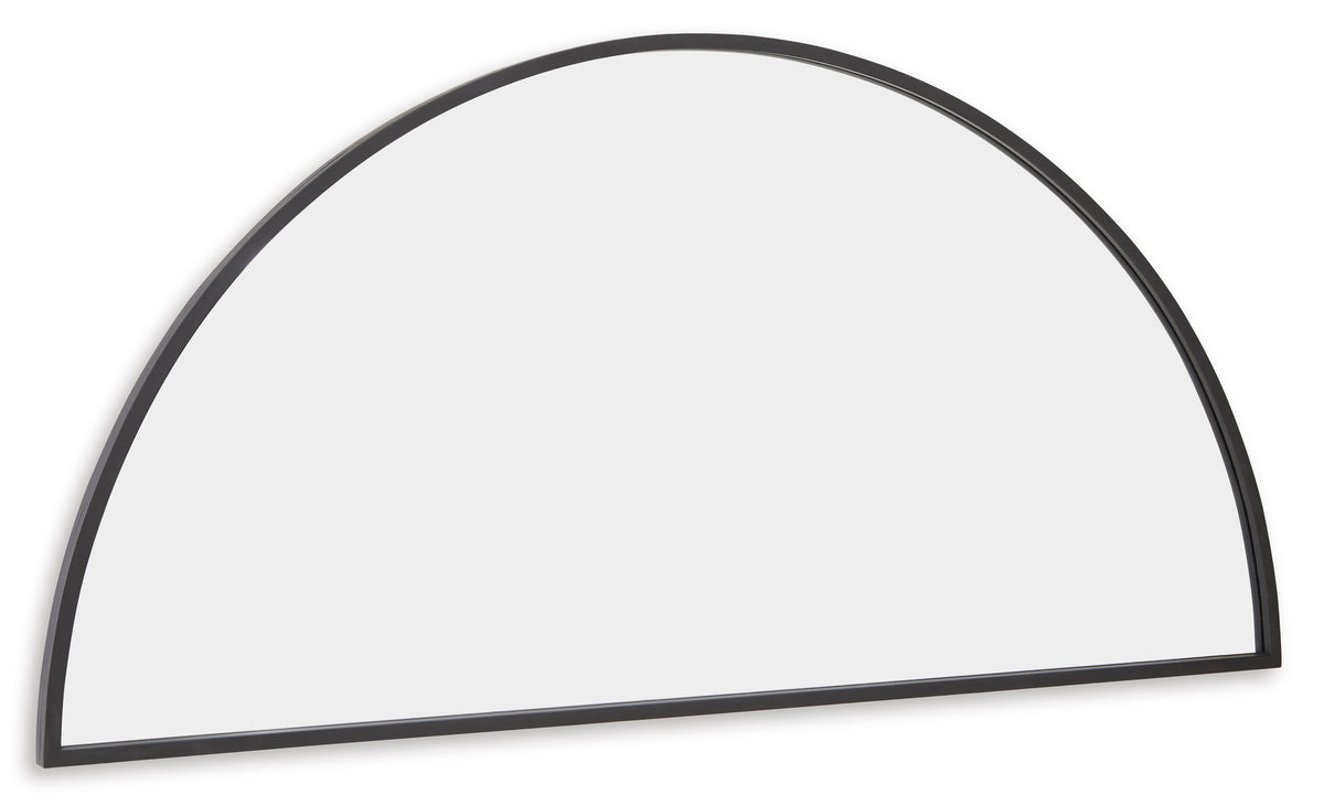 Black-trim semicircle mirror with curved top edge and smooth reflective glass