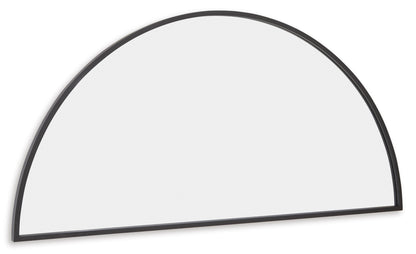 Black-trim semicircle mirror with curved top edge and smooth reflective glass