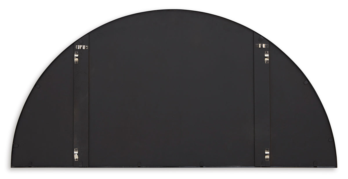 Dark charcoal arched mirror with black frame and small metal corner hardware