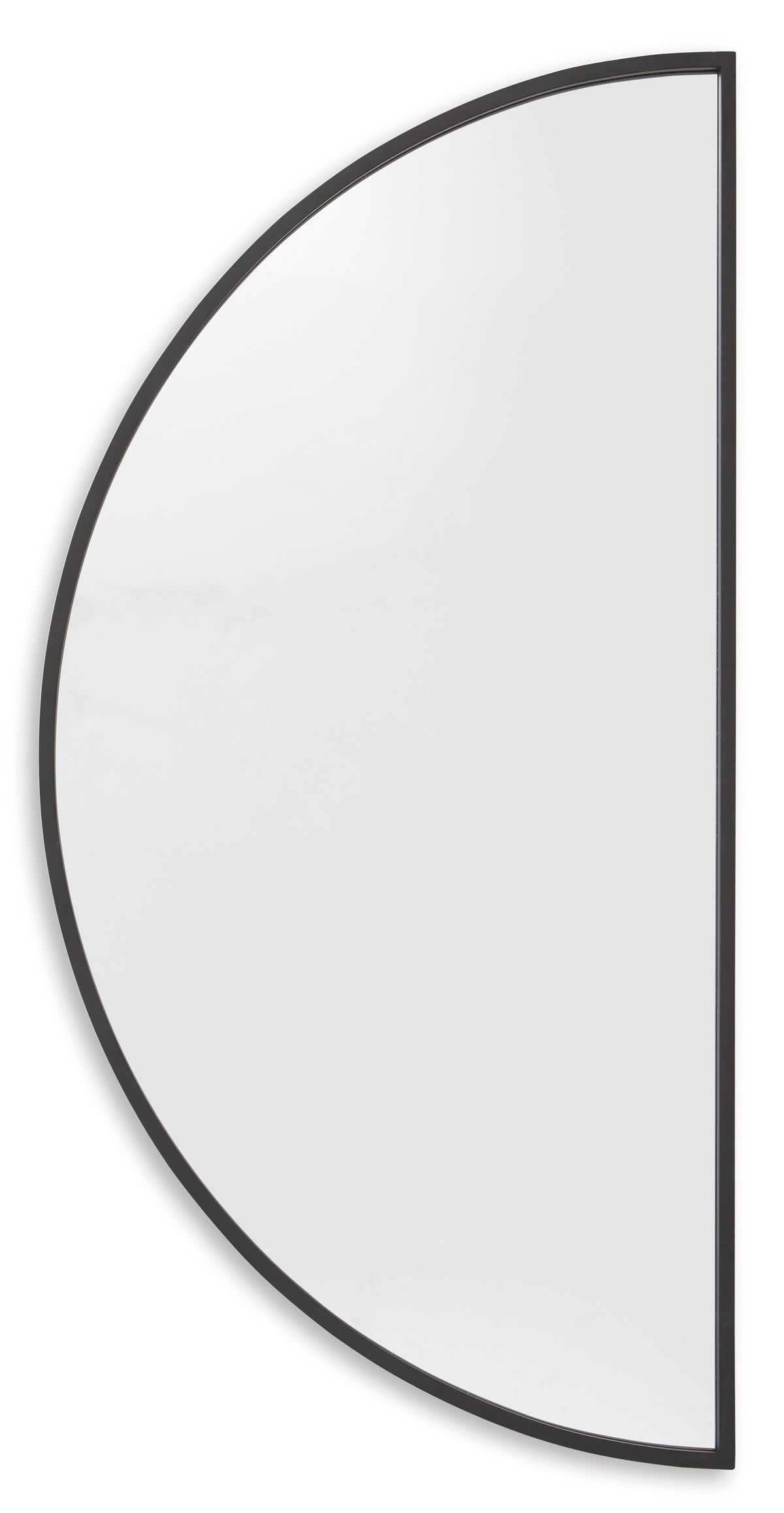 Black-framed half-moon mirror with rounded edge and clear reflective glass