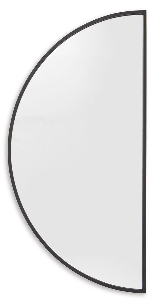 Black-framed half-moon mirror with rounded edge and clear reflective glass