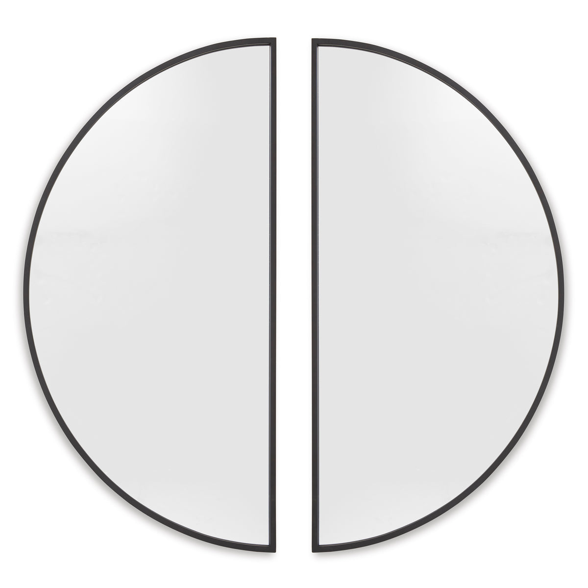 Black-framed half-moon accent mirror with two hinged round glass panels
