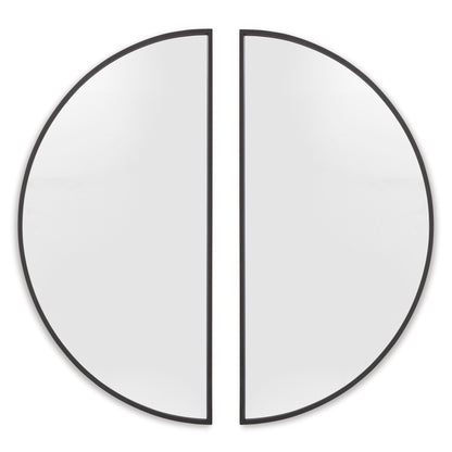 Black-framed half-moon accent mirror with two hinged round glass panels