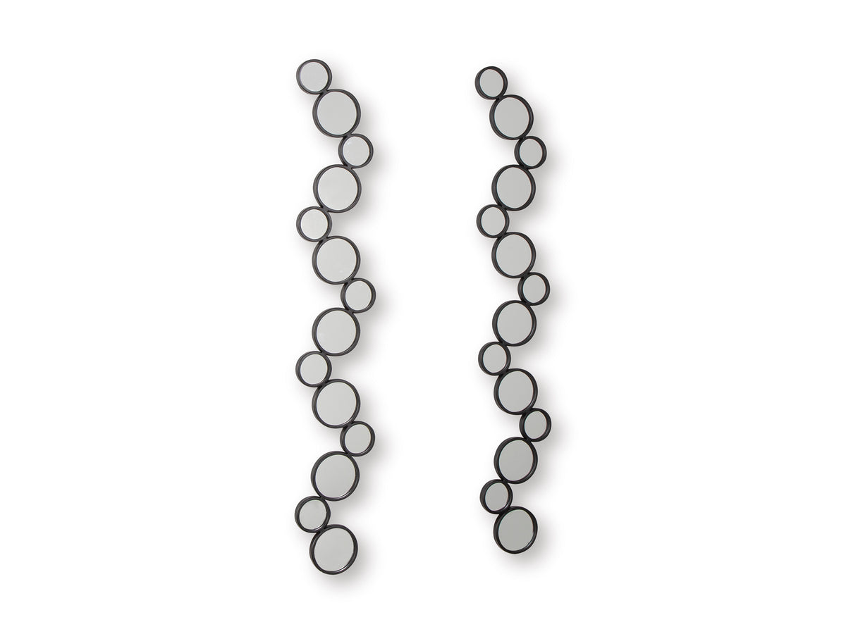 Set of 2 vertical round accent mirrors with dark gray frames on a plain background