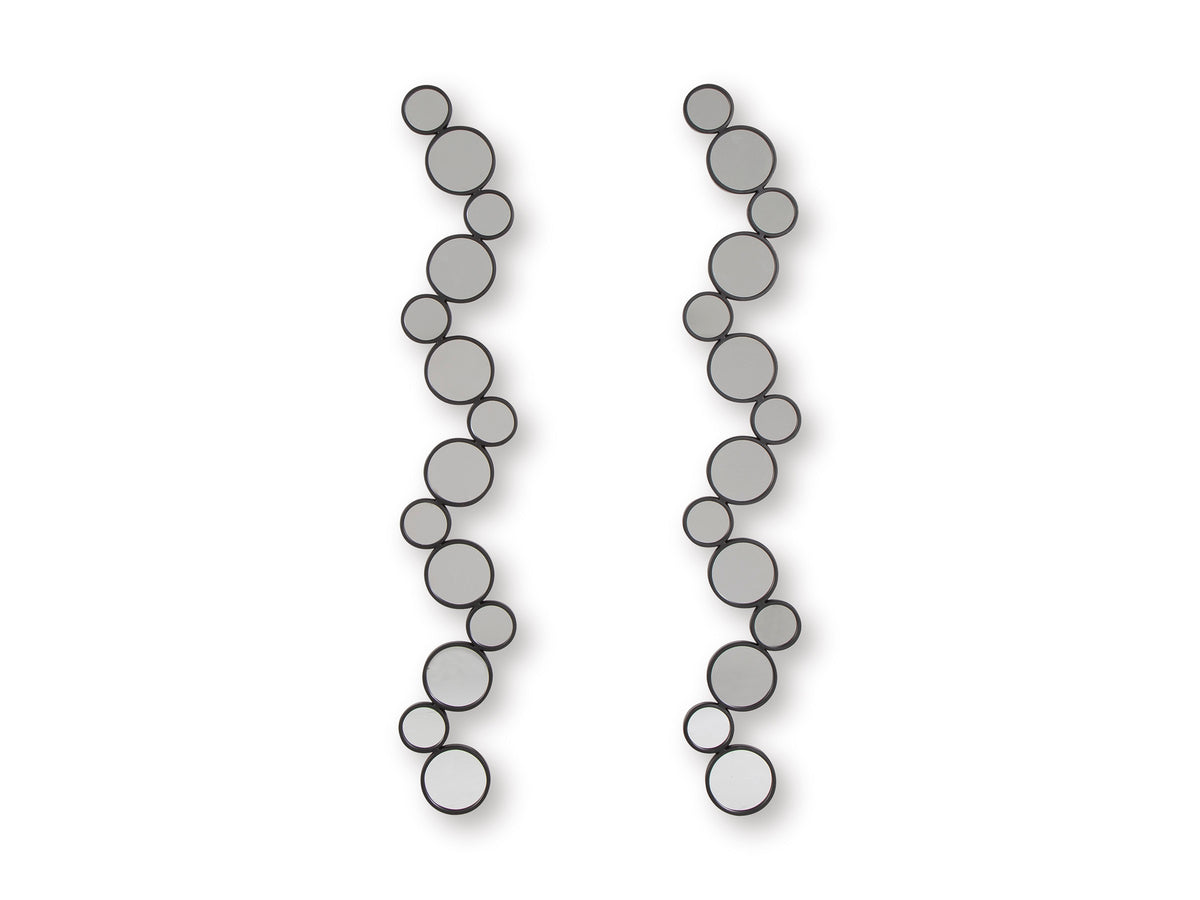 Set of 2 vertical round accent mirrors with silver-gray frames on a clean background
