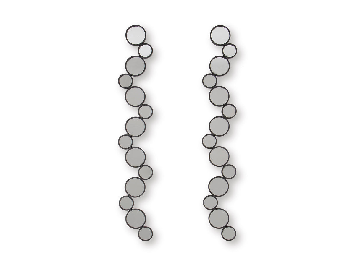 Set of 2 vertical round accent mirrors with light gray frames on a white background