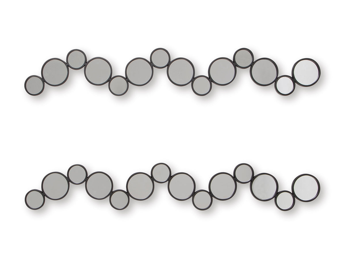 Pair of long horizontal round accent mirrors with gray frames and reflective circles