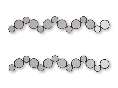 Pair of long horizontal round accent mirrors with gray frames and reflective circles