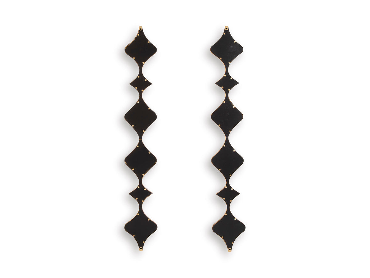 Accent mirror set of 2 with vertical black geometric frames and dark mirror panels