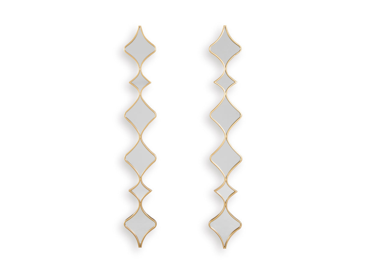 Accent mirror set of 2 with vertical light gold geometric frames and gray mirror inserts