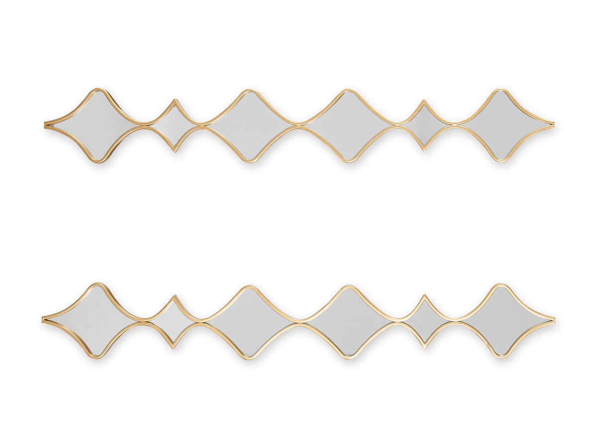 Accent mirror set of 2 with horizontal gold geometric frames and gray mirror panels