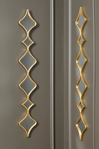 Accent mirror set of 2 with vertical gold geometric frames and dark mirror panels