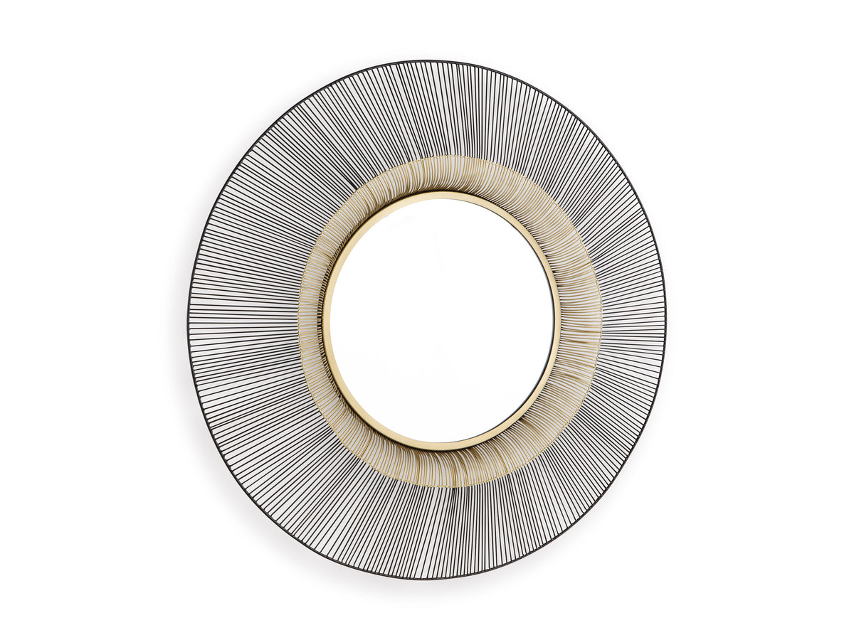 Round accent mirror with black and silver linear rim and gold ring around center