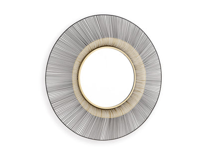 Round accent mirror with black and silver linear rim and gold ring around center