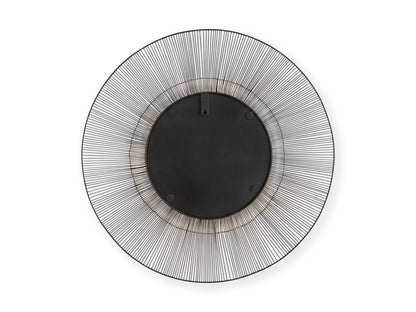 Round accent mirror with black backing and gold-trimmed textured silver frame