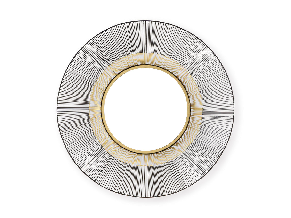 Round accent mirror front with black and silver linear rim and gold inner ring