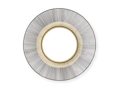 Round accent mirror front with black and silver linear rim and gold inner ring